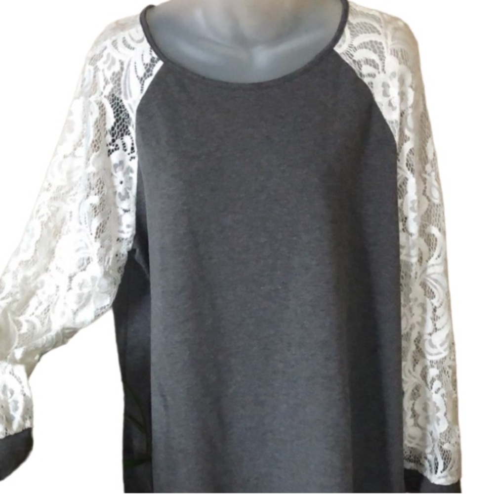 XL grey shirt with lace open weave long sleeves Camisa  casual but sexy